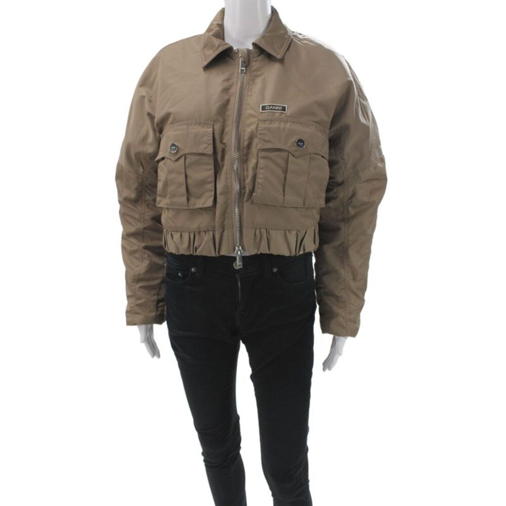 Ganni Womens Quilted Puffer Bomber Jacket Beige Zip Collared Size 38